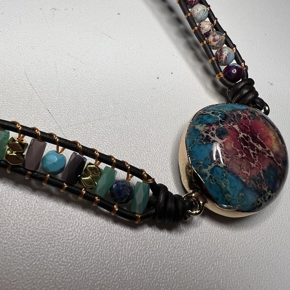 Boho Multi Wrap Bracelet Necklace: Jasper, Czech Glass & Turquoise